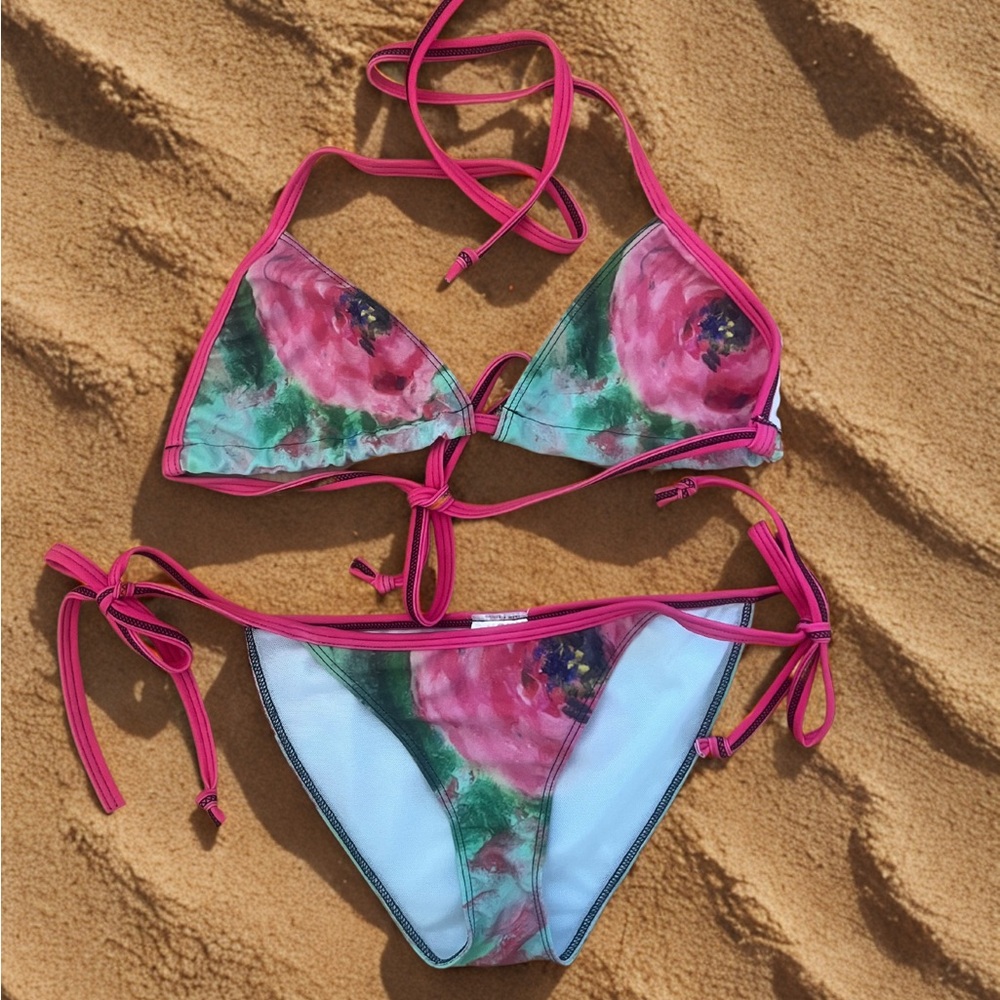 New: Floral Triangle Bikini Set with Pink Straps